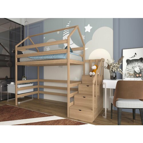 Кровать чердак "Чердак - домик с лестницей-комодом", спальное место 160х80, натуральный цвет, из массива
