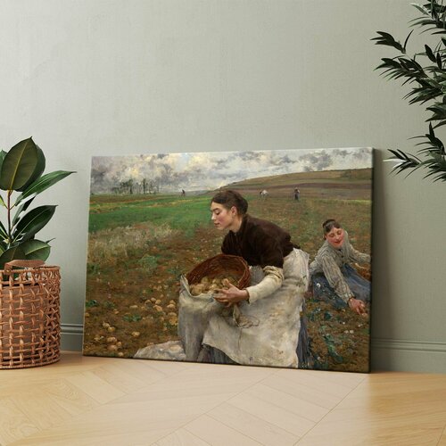 Картина на холсте (Картина женщины, держащей корзину с картошкой.) 60x80 см. Интерьерная, на стену.
