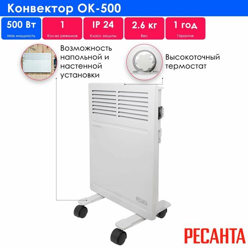 Конвектор РЕСАНТА ОК-500 2021 05 кВт 5 м колеса в комплекте белый 3490₽