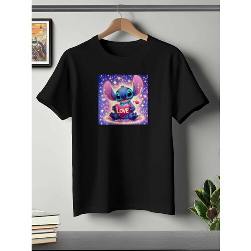 фото Футболка oneq унисекс 56-58 (3xl) размер с принтом стич, черная, размер 3xl, черный