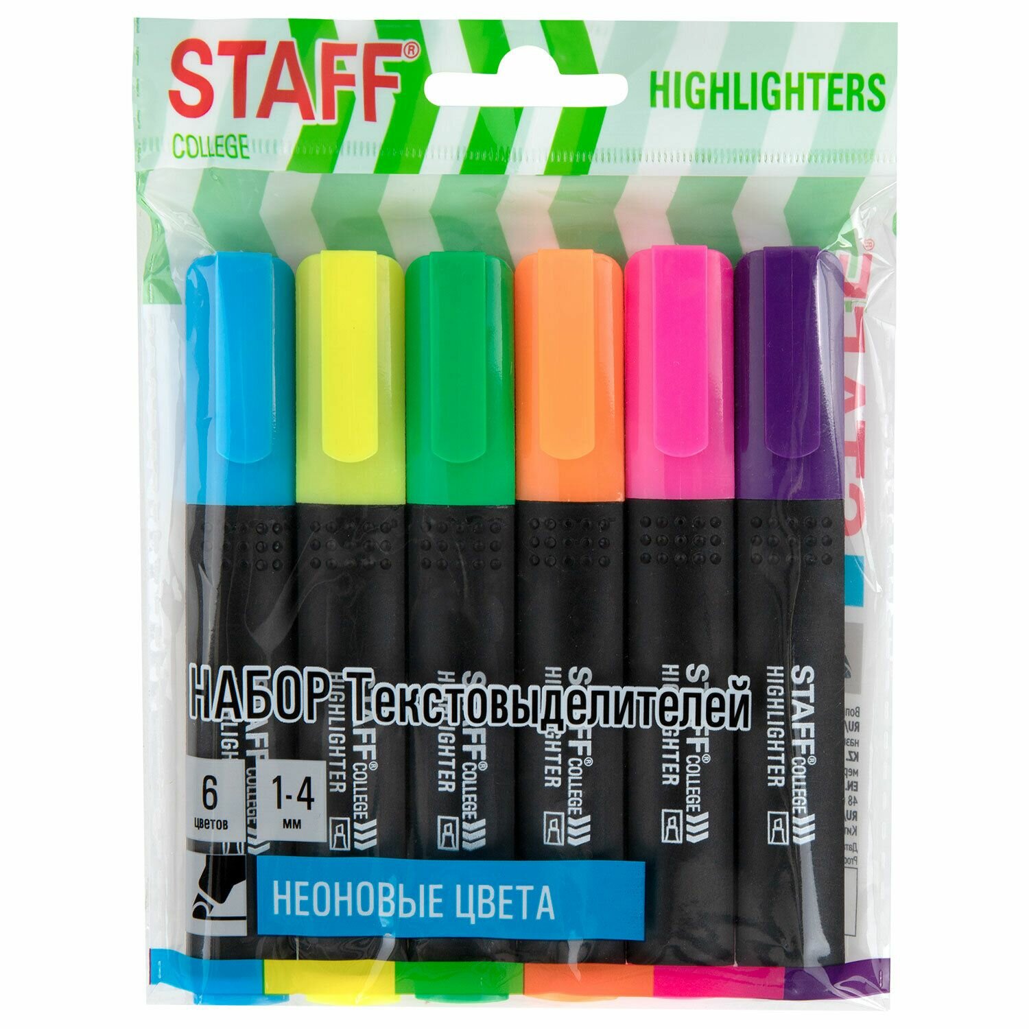 Набор текстовыделителей Staff 6 неоновых цветов, ассорти College "Stick Neon" линия письма 1-4 мм, скошенный наконечник