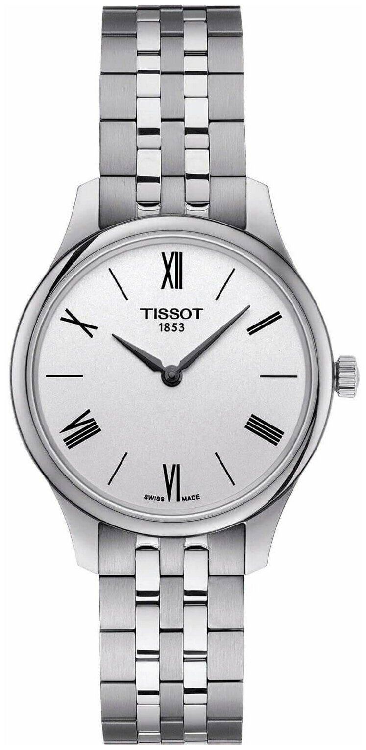 Швейцарские кварцевые часы Tissot Tradition 5.5 Lady (31.00) T063.209.11.038.00 на стальном браслете, с водозащитой 3 бара и международной гарантией от производителя