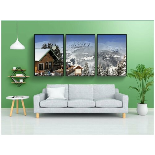 фото Набор модулных постеров для интерьера "снег, зима, шале" 60x90 см. в тубусе, без рамки lotsprints