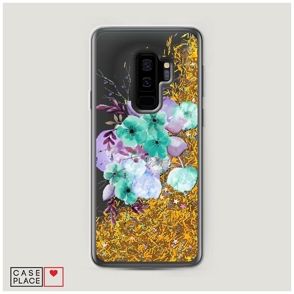 Жидкий чехол с блестками "Акварельные бирюзовые цветы" на Samsung Galaxy S9 + / Самсунг Галакси С9 Плюс