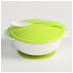 Крошка Я Набор для кормления: миска на присоске с крышкой, ложка, цвет белый/зеленый - изображение