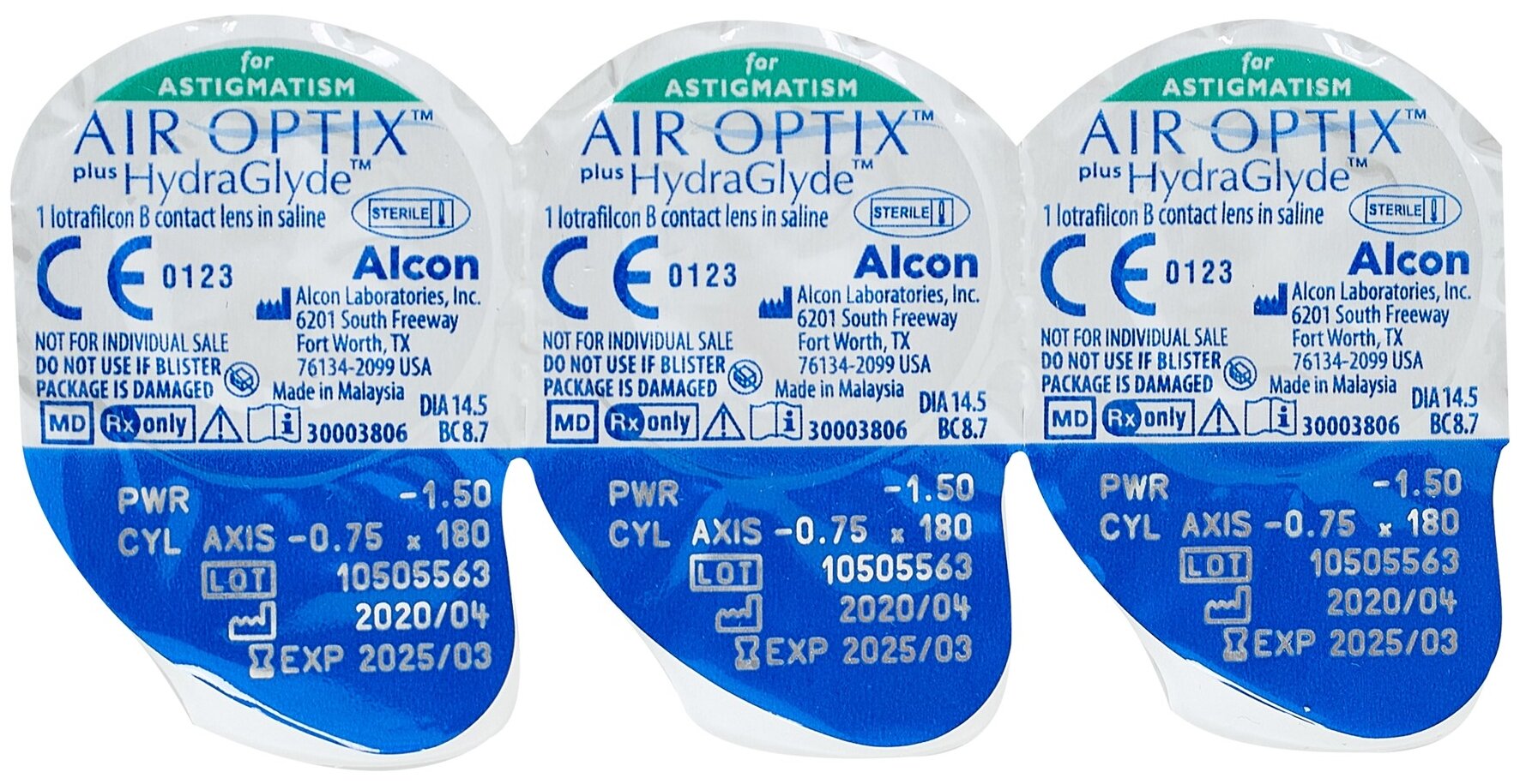 Контактные линзы Alcon Air optix Plus HydraGlyde for Astigmatism, 3 шт., R 8,7, D -1,25, CYL: -1,75, AХ: 20 - фотография № 2