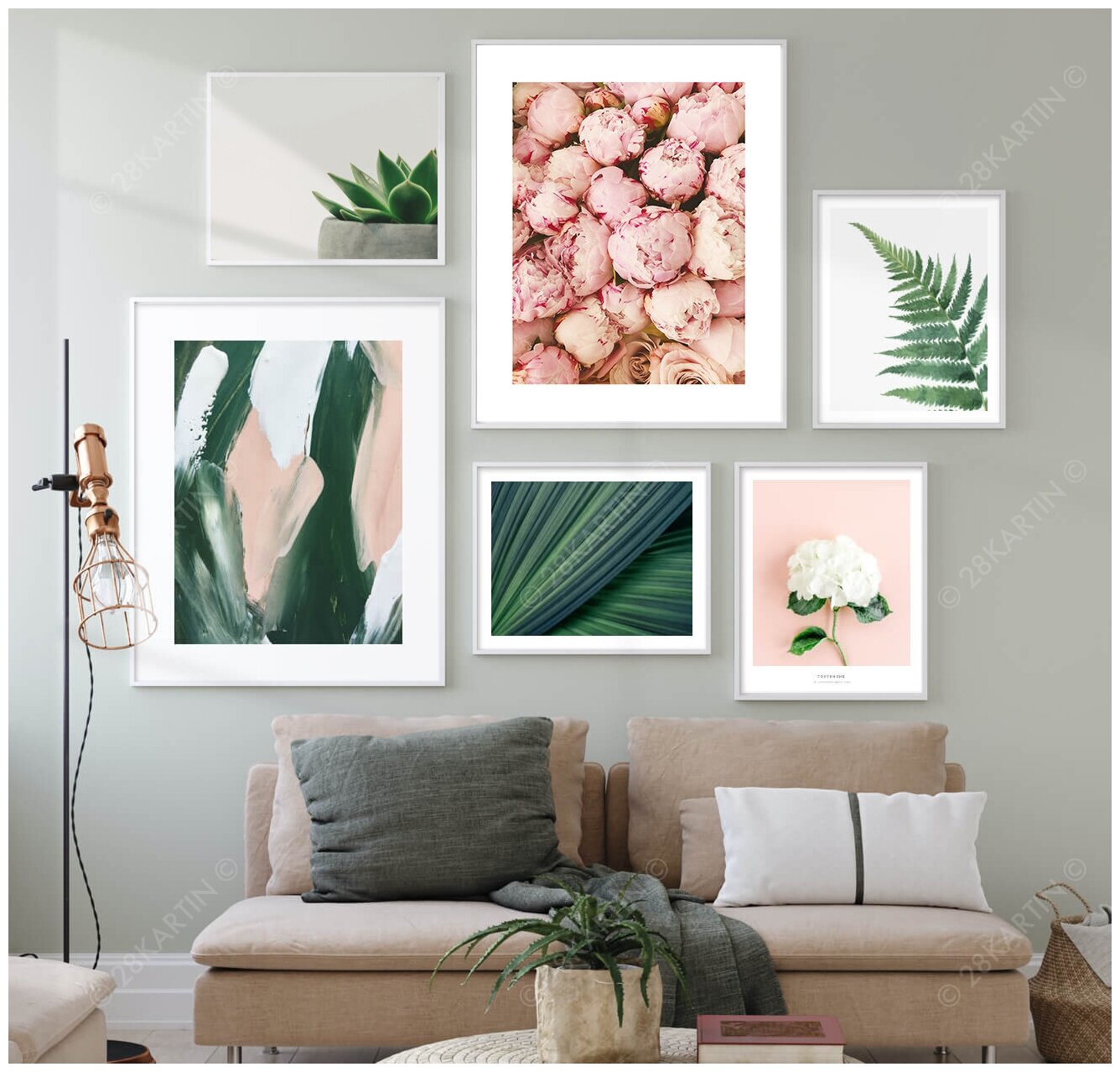 6 картин постеров без рамки на стену "Цветы пионы" декор для интерьера, набор картин в подарочном тубусе, набор постеров