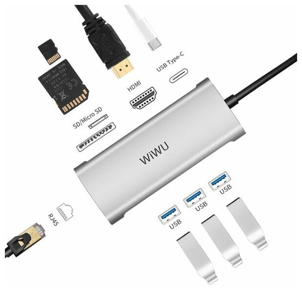 Переходник-адаптер WiWU Alpha A831HRT USB Type C Hub 8 in 1, серый