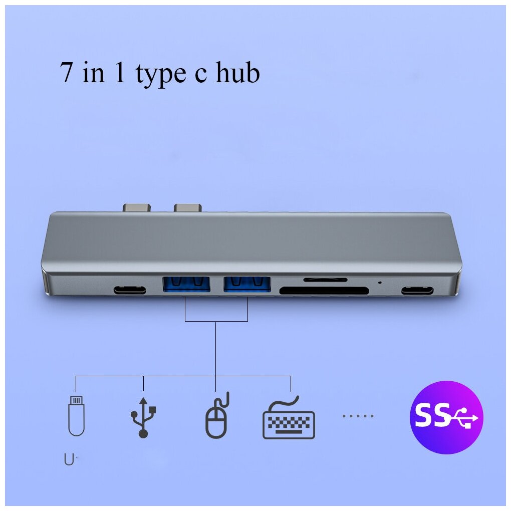 USB-концентратор (адаптер, переходник) Aluminum Type-C New Style 7 в 1 (Gray) для MacBook