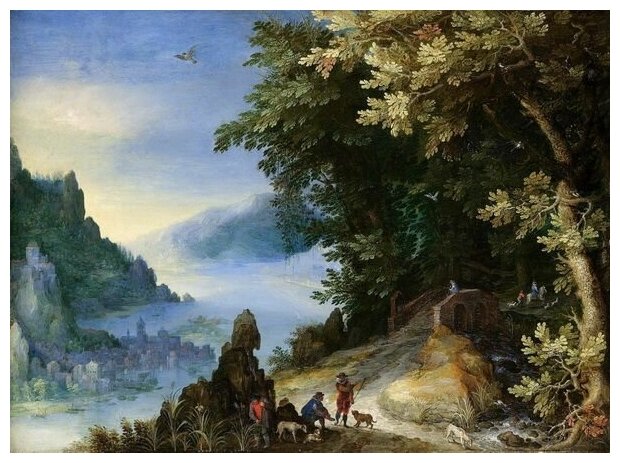 Репродукция на холсте Скалистый речной пейзаж с путниками Брейгель Ян Младший 41см. x 30см.