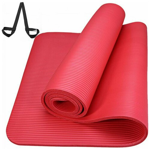 Универсальный коврик НБК NBRM-10 красный для йоги и фитнеса, размер 183х61х1 см, материал бутадиен-нитрильный каучук, высокая износостойкость и теплоизоляция, ремешок-лямка для переноски