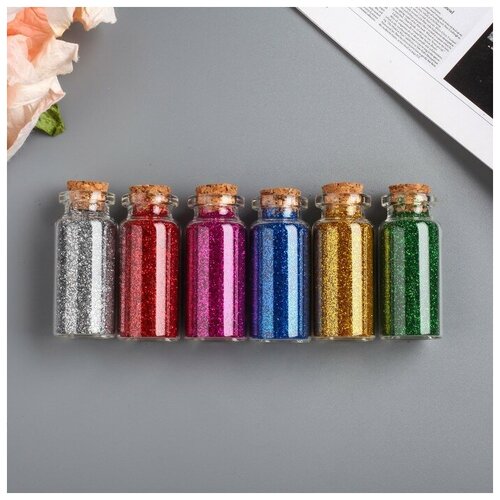 фото Глиттер в баночке с пробкой "хлопья-блеск" (набор 6 шт) 7 гр=1 бут. 13х5 см mikimarket
