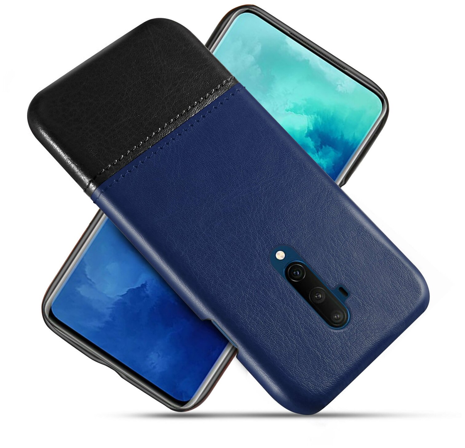 Чехол панель-накладка MyPads для OnePlus 7T Pro обтянутый качественной импортной кожей двухцветный дизайнерский с элегантной прошивкой сине-черный
