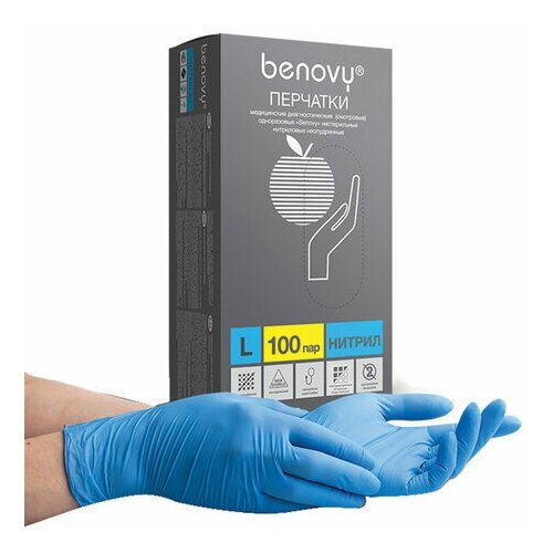 Перчатки одноразовые нитриловые смотровые Benovy Nitrile Chlorinated, размер L, 100 пар в упаковке, 10 уп.