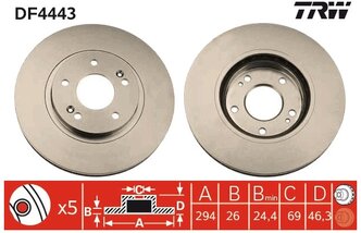 Тормозной диск передний TRW DF4443 294x26 для Hyundai, Kia, Mitsubishi