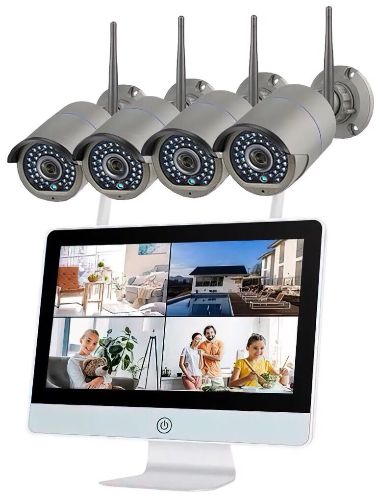 Цифровой IP WiFi комплект видеонаблюдения на 4 камеры со звуком и монитором, система видеонаблюдения для дома и улицы MiCam Tech 3012 LCD