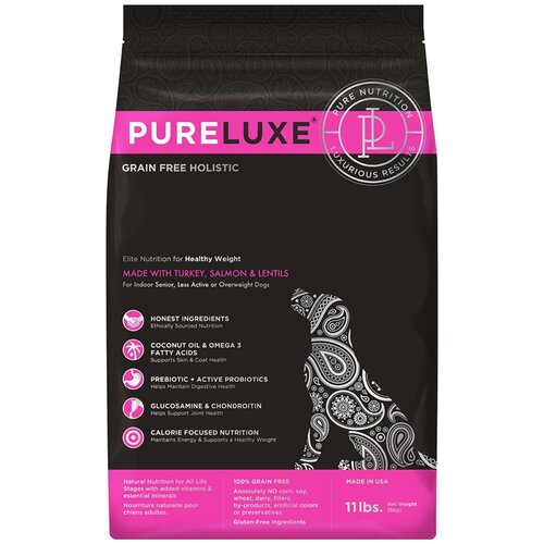 Сухой корм PureLuxe для пожилых, склонных к полноте и кастрированных собак всех пород со вкусом индейки, лосося и чечевицы, 2шт по 400г