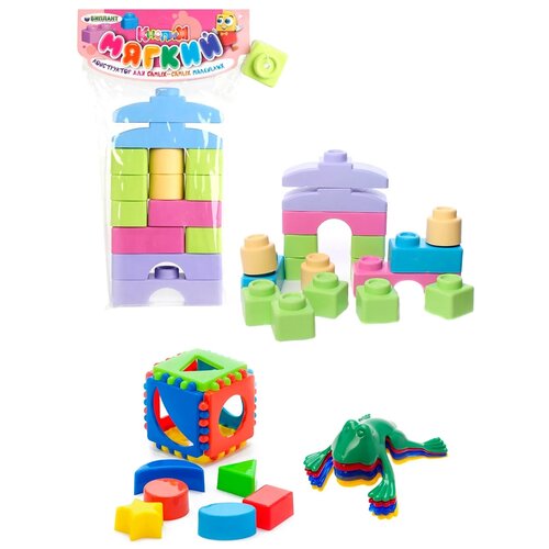 Набор развивающий: Кубик логический малый + Мягкий конструктор для малышей 