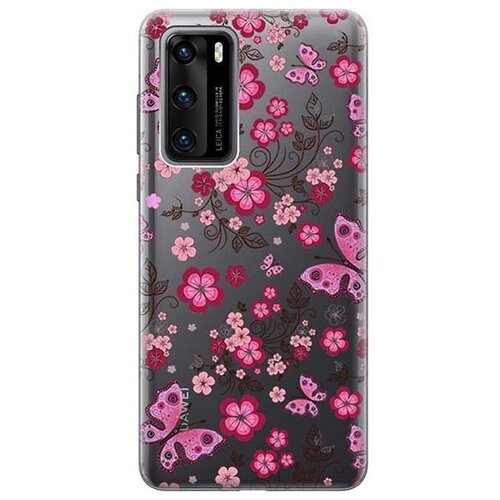 Ультратонкий силиконовый чехол-накладка для Huawei P40 с 3D принтом Butterflies and Flowers ультратонкий силиконовый чехол накладка для huawei p40 с 3d принтом lilac flowers