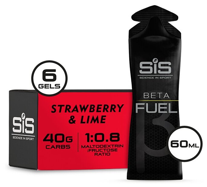 Гель питьевой SCIENCE IN SPORT (SiS) Gel Beta Fuel 6 х 60 мл, Клубника - Лайм