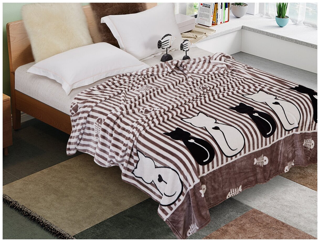 Плед 150х200 полуторный с котиками Cleo California, покрывало на кровать и диван, пушистый с рисунком, велсофт