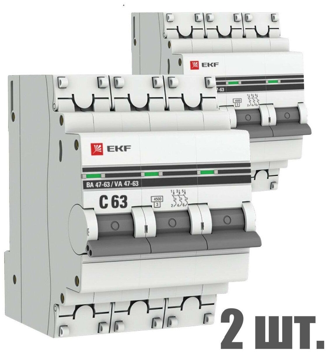 Автоматический выключатель EKF 3P 63А (C) 4,5kA ВА 47-63 EKF PROxima 2 штуки
