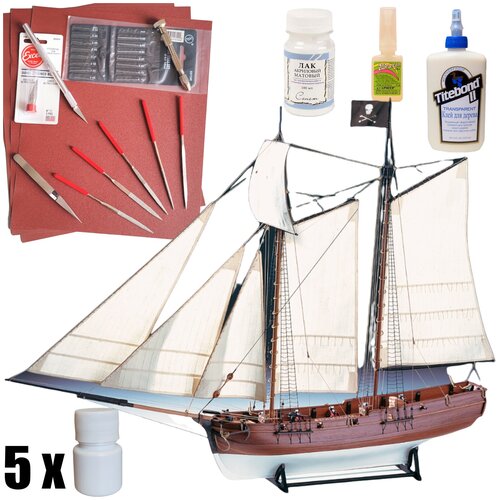 фото Модель парусного корабля amati (италия), шхуна adventure pirate schooner, м. 1:60, подарочный набор для сборки + инструменты, краски, клей, am1446-rus-full