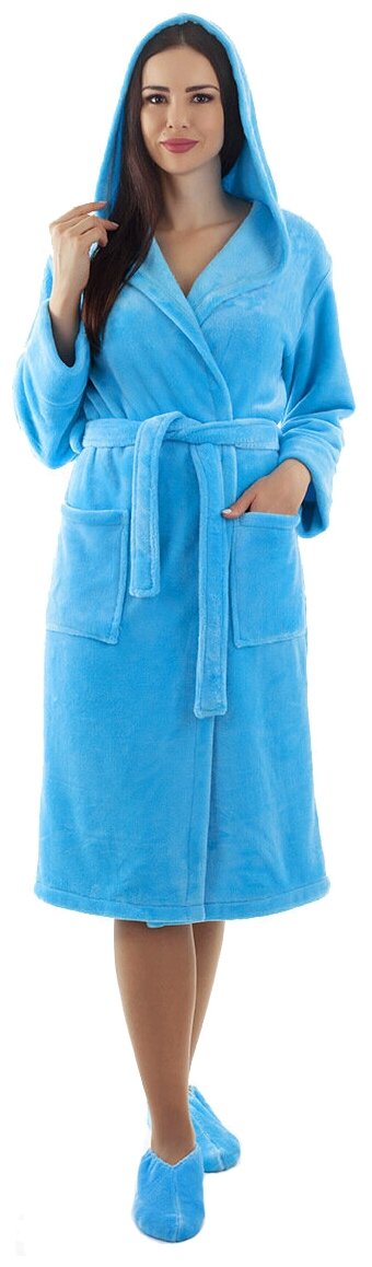 Халат S-Family удлиненный, длинный рукав, капюшон, карманы, пояс, размер 42/44, голубой - фотография № 2