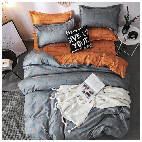 фото Комплект постельного белья grazia textile orange stripe, евро, смесовая ткань, 2 наволочки 70х70, серый, горчичный, клетка