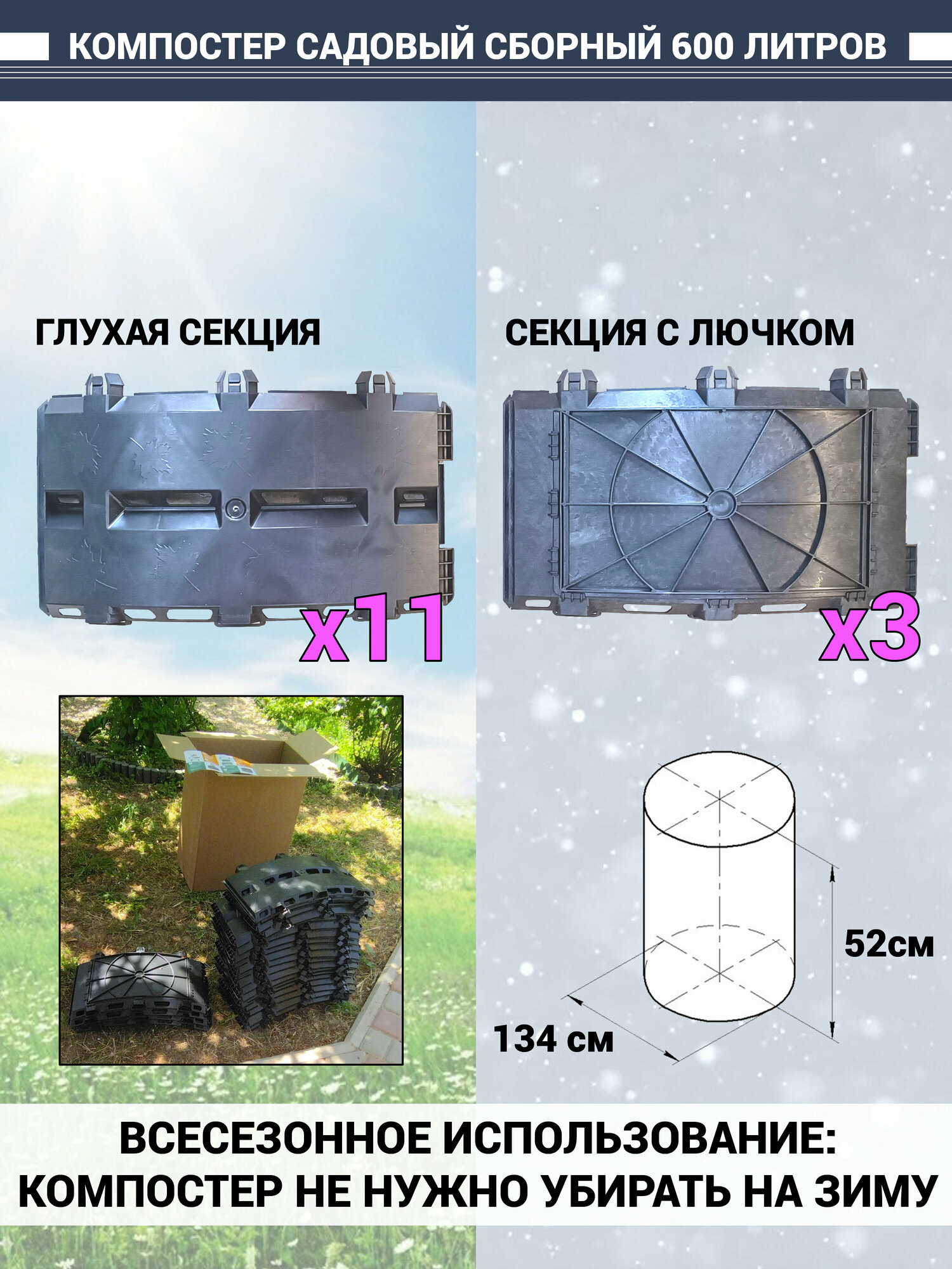 Компостер эконом для дачи и сада контейнер для удобрения и сбора травы (600 л) черный - фотография № 2