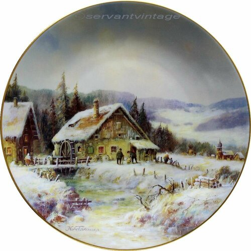 Мельница у ручья, винтажная декоративная настенная тарелка из коллекции "Рождественские ландшафты"