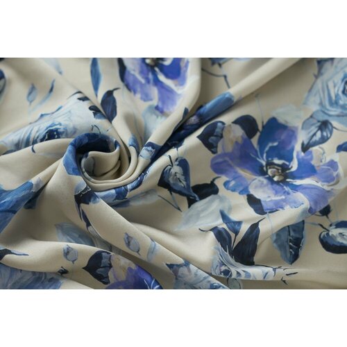 Ткань бежевый сатин с синими цветами