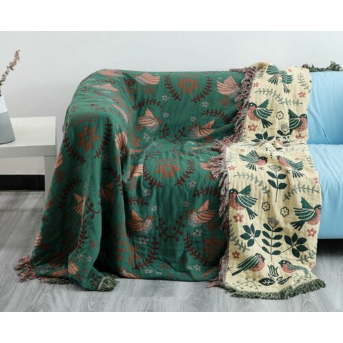 Плед покрывало в японском стиле Birds из натурального 100 хлопка DAO Home 200х150см - Зеленый 4490₽