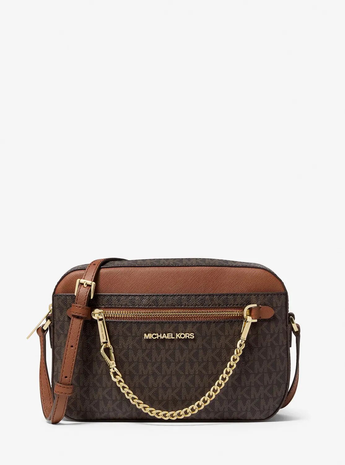 Сумка кросс-боди MICHAEL KORS Michael Kors Jet Set Large Logo Crossbody Bag Brown (Михаэль Корс сумка с лого через плечо золотая фурнитура с карманом на молнии коричневая)