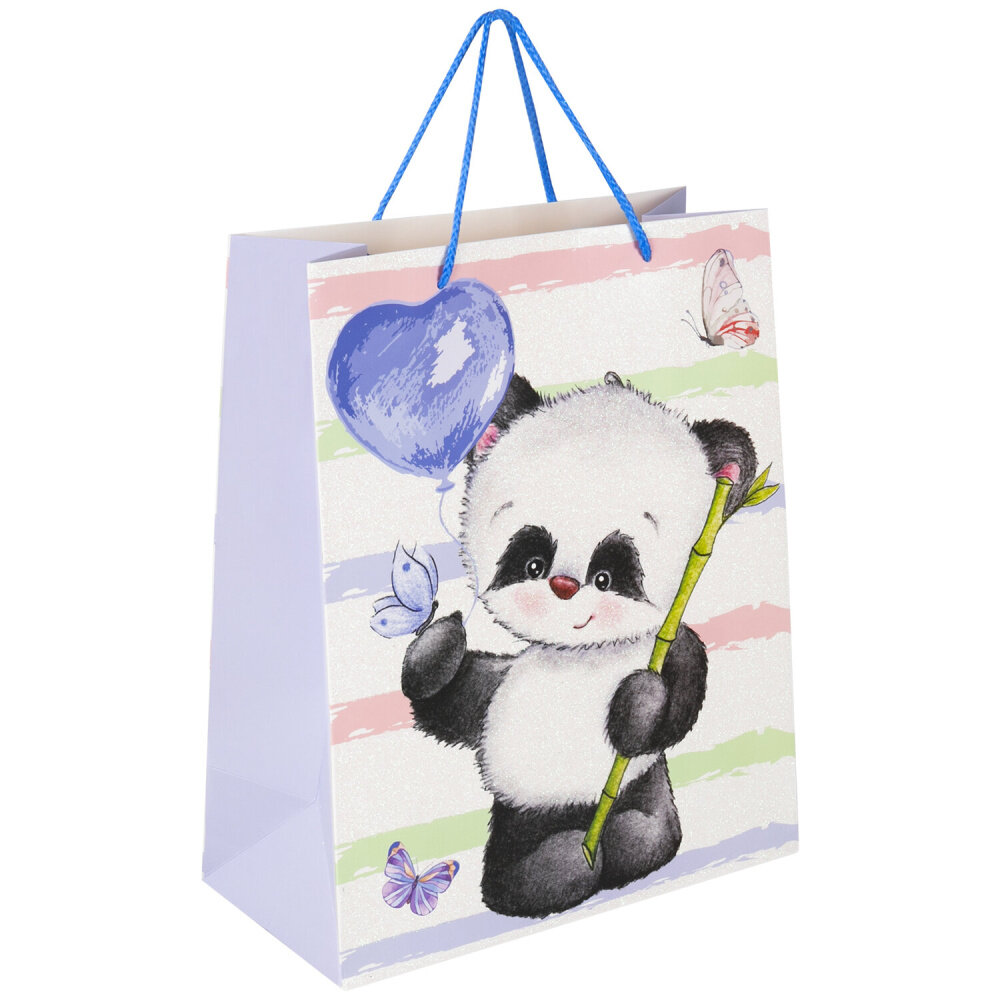 Пакет подарочный (1 штука) 26x13x32 см, золотая сказка "Lovely Panda", глиттер, белый с голубым, 608241 упаковка 12 шт.