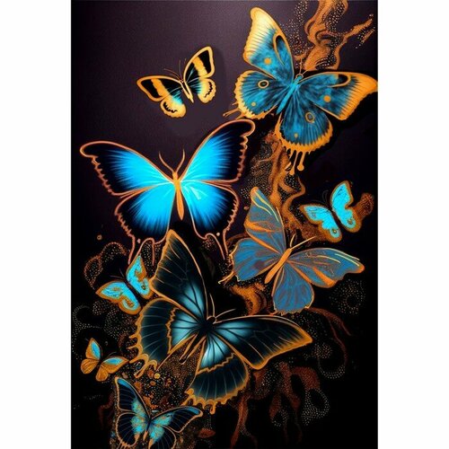 картина по номерам с поталью 40 х 50 см синие бабочки 13 цветов Картина по номерам с подрамником и поталью «Магические бабочки», 30 х 40 см
