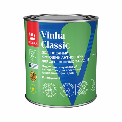 Антисептик для деревянных фасадов Tikkurila Vinha Classic, полуматовый, база С, бесцветный, 0,9 л