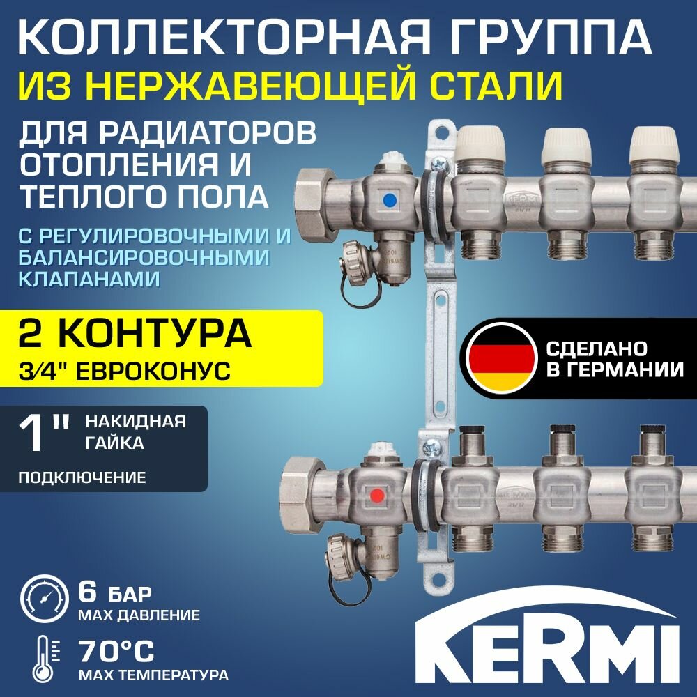 Коллектор нерж 1" х 2 вых. 3/4" Евроконус с регул. и балансир. клапанами KERMI Standard / Распределительная гребенка из нержавеющей стали