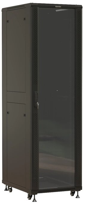 Шкаф серверный Hyperline (TTBR-4261-AS-RAL9004) напольный 42U 600x1000мм пер. дв. стекл задн. дв. спл. стал. лист 2 бок. пан. 800кг черный 910мм 2055мм IP20 сталь