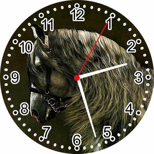 Конь/Лошадь/ Часы из древесины прессованной (МДФ) D-27 см - 5 мм, Настенные и Настольные с подставкой в комплекте , Уникальное фото удивительного прекрасного арабского скакуна, бесшумные
