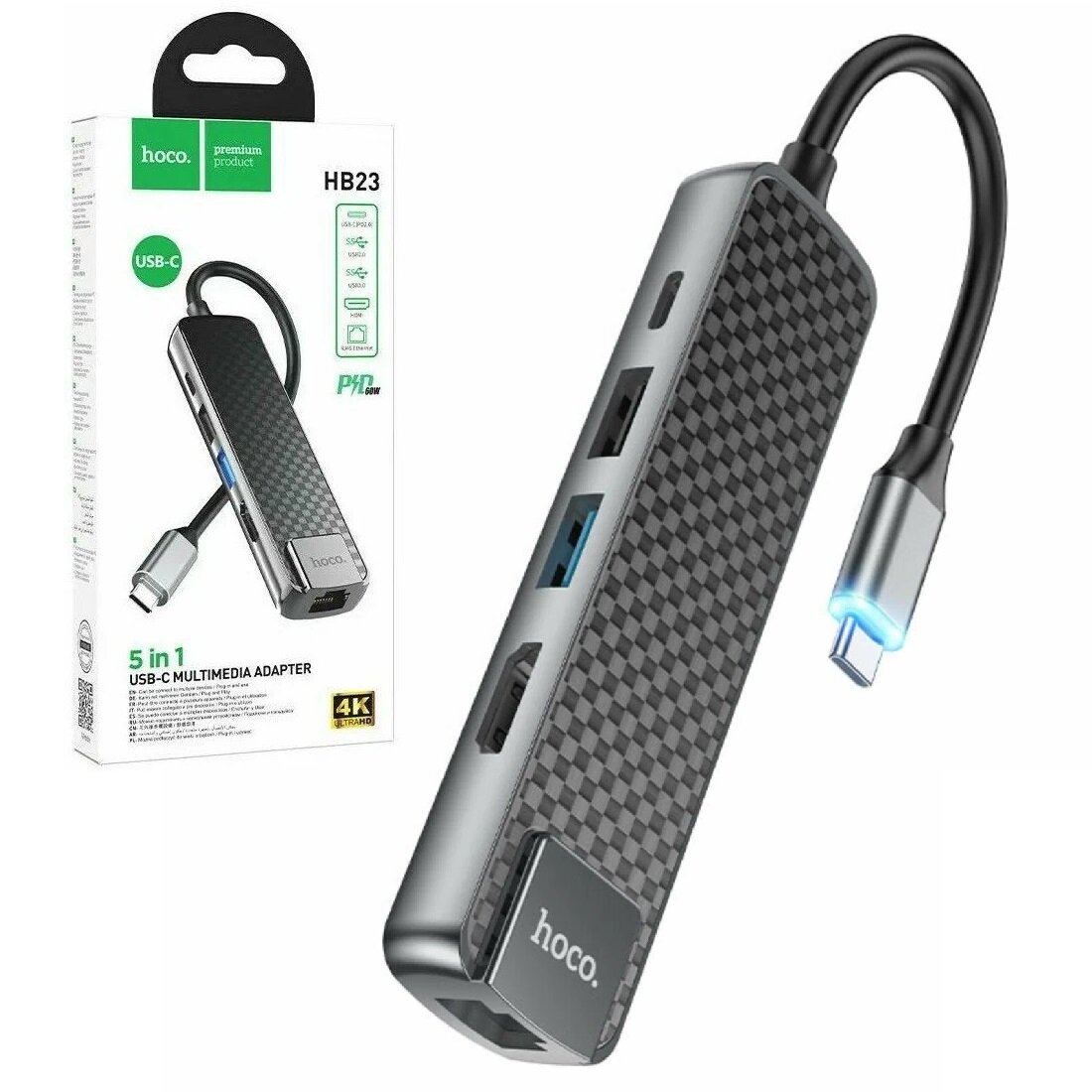 Адаптер переходник Hoco HB23, HUB Type-C to HDMI/USB3.0/USB2.0/RJ45/PD, 60W, 3A, metal gray