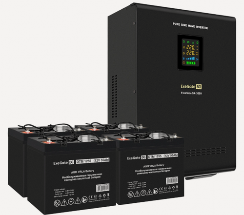 Изображение товара Комплект ИБП EX296003RUS + батарея 55Aч EX285667RUS 4шт (инвертор, синус, для котла, настенный) ExeGate FineSine SX-3000. LCD. AVR.2SH. T <3000VA/2100W, чистая синусоида, цветной LCD-дисплей, AVR, 2*Schuko+клеммы, линейно-интерактивный, крепление настен