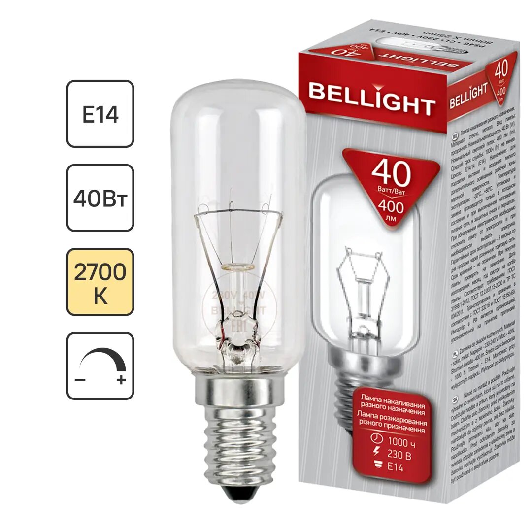 Лампа накаливания Bellight E14 230 В 40 Вт туба 400 лм теплый белый цвет света для диммера