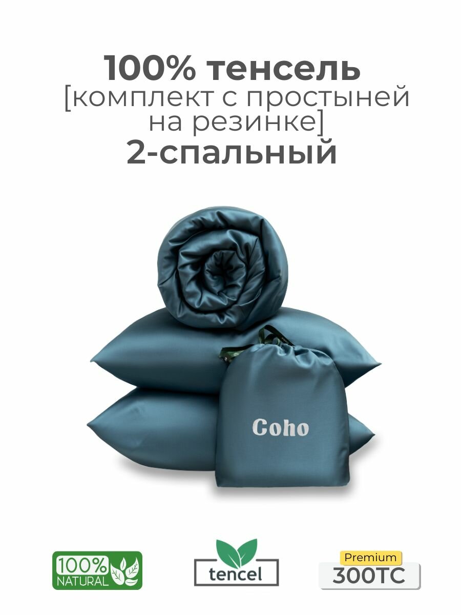 Комплект постельного белья, 2 сп, 50x70, простыня 160х200х25, пододеяльник 180x210, тенсель, серо-голубой, Coho Home