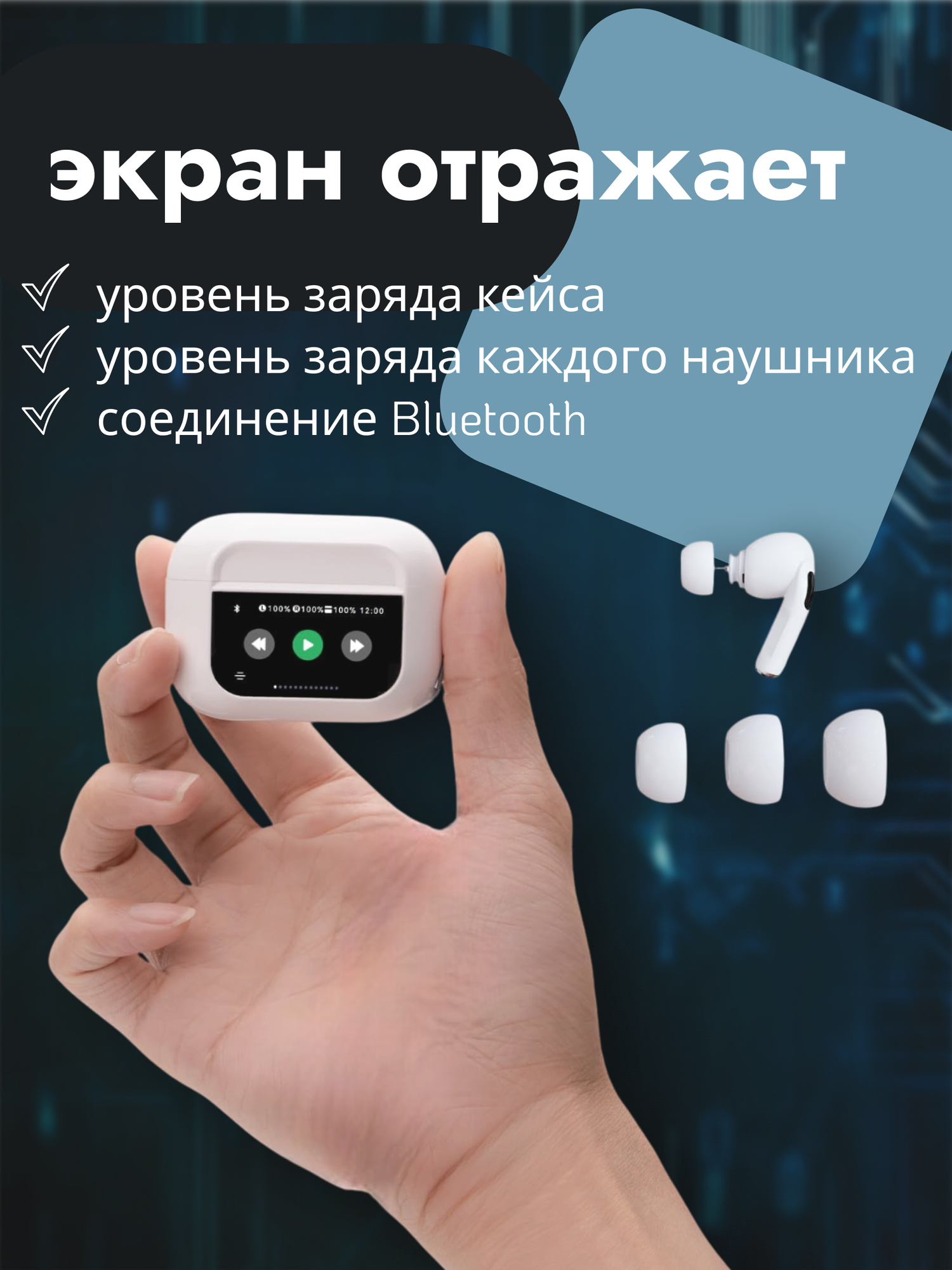 Беспроводные наушники, с шумоподавлением, сенсорным дисплеем — фото 1