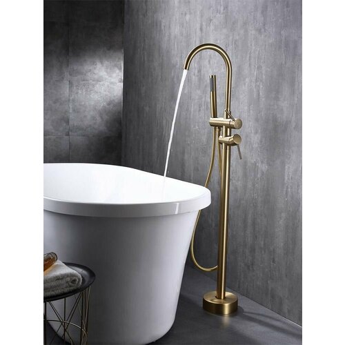 фото Напольный смеситель с душем, sikaiqi sq13219gl смеситель для отдельностоящей ванны-чаши, круглая форма матовое золото, латунь