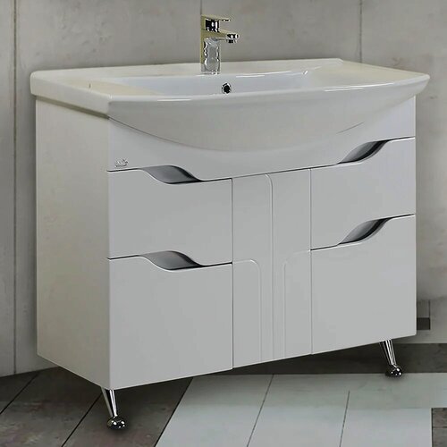 Изображение товара Тумба с раковиной Onika Веронэлла 105.16 напольная, 105, 5 см, белая, глянцевая, из МДФ, с ящиками, с дверками, раковина для ванной, фаянсовая, полукруглая, встроенный слив-перелив