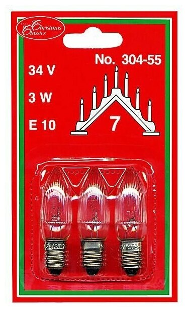 Набор запасных прозрачных ламп, для рождественских горок и светильников, 34 V-3W, цоколь Е10, в наборе 3 штуки, STAR trading