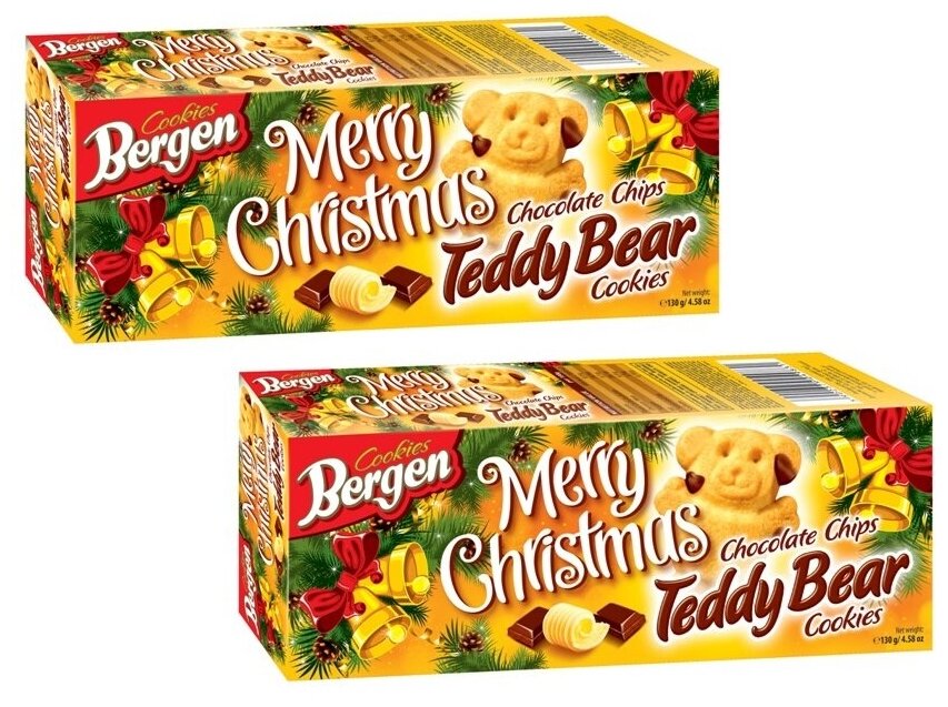 Печенье Bergen MERRY CHRISTMAS "Teddy Bear" с шоколадной крошкой 130г, 2шт