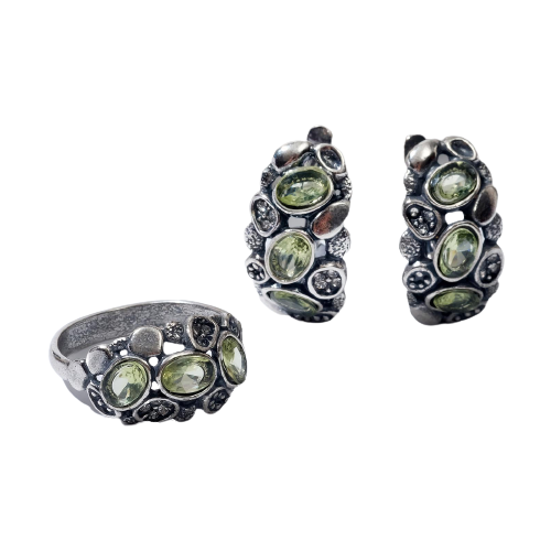 Комплект бижутерии Жемчужина: серьги, кольцо, латунь, серебрение, хризолит, зеленый, серебряный